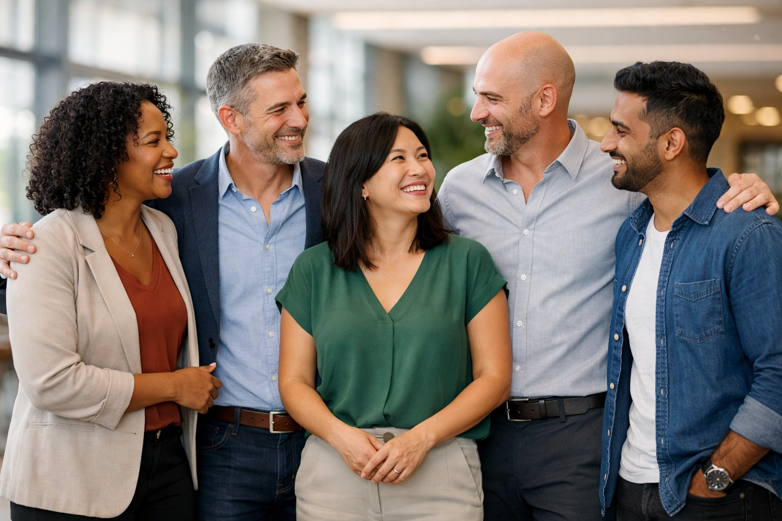 Diverse group of vending entrepreneurs networking and sharing advice in a modern business lobby.