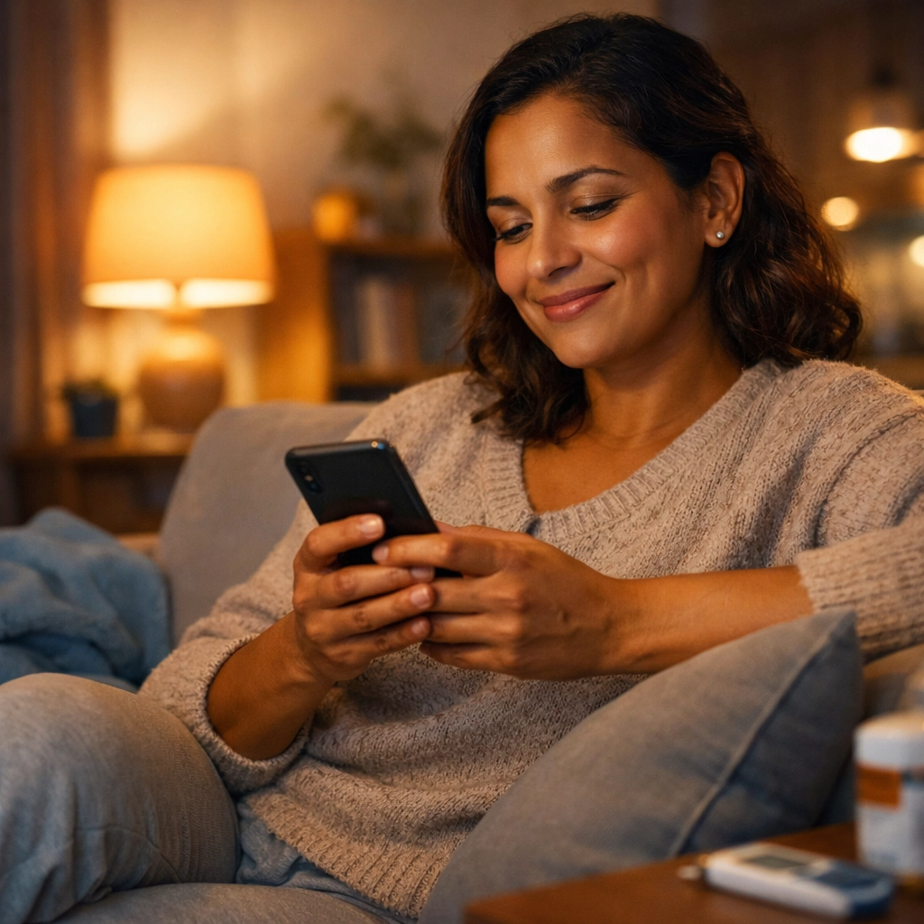 Woman comfortably using smartphone for online doctor consultation from home at night