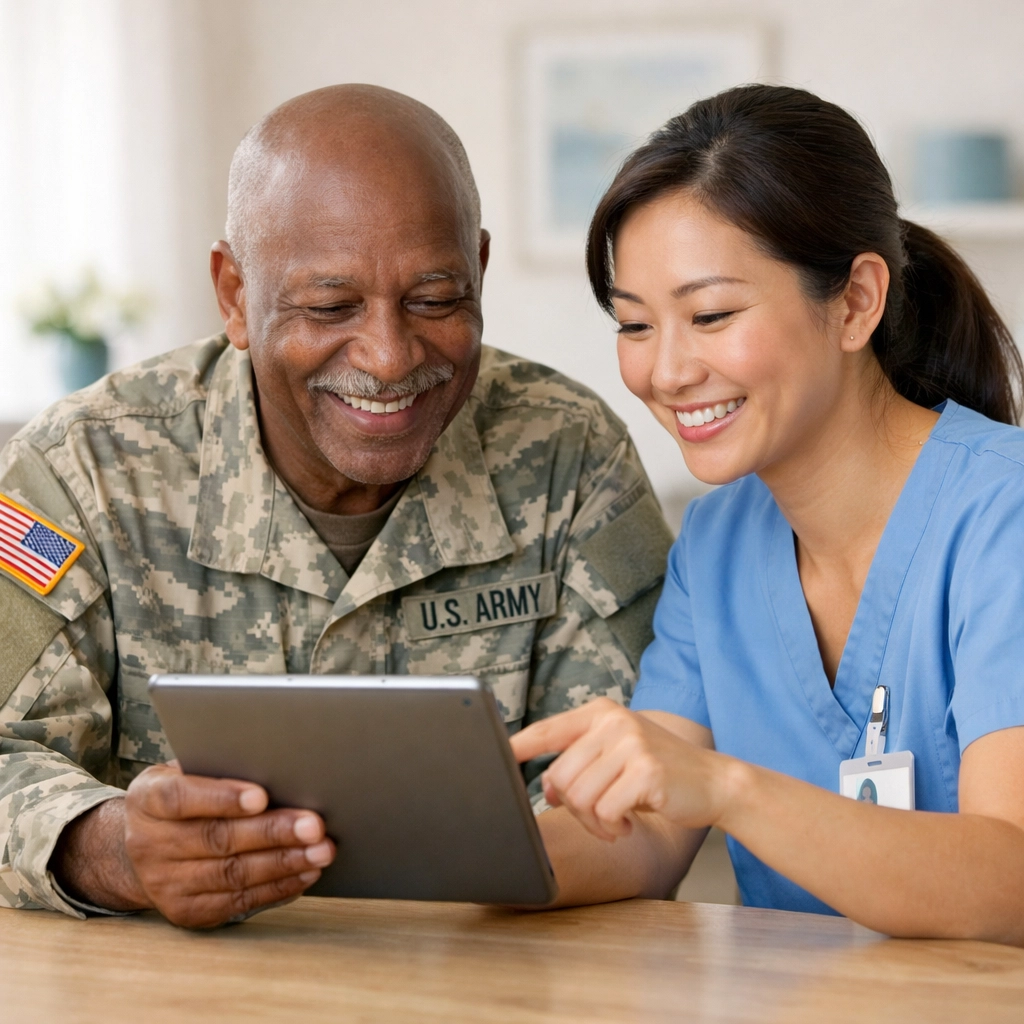 An African American veteran and caregiver review VA home care benefits on a tablet in Prince William County.