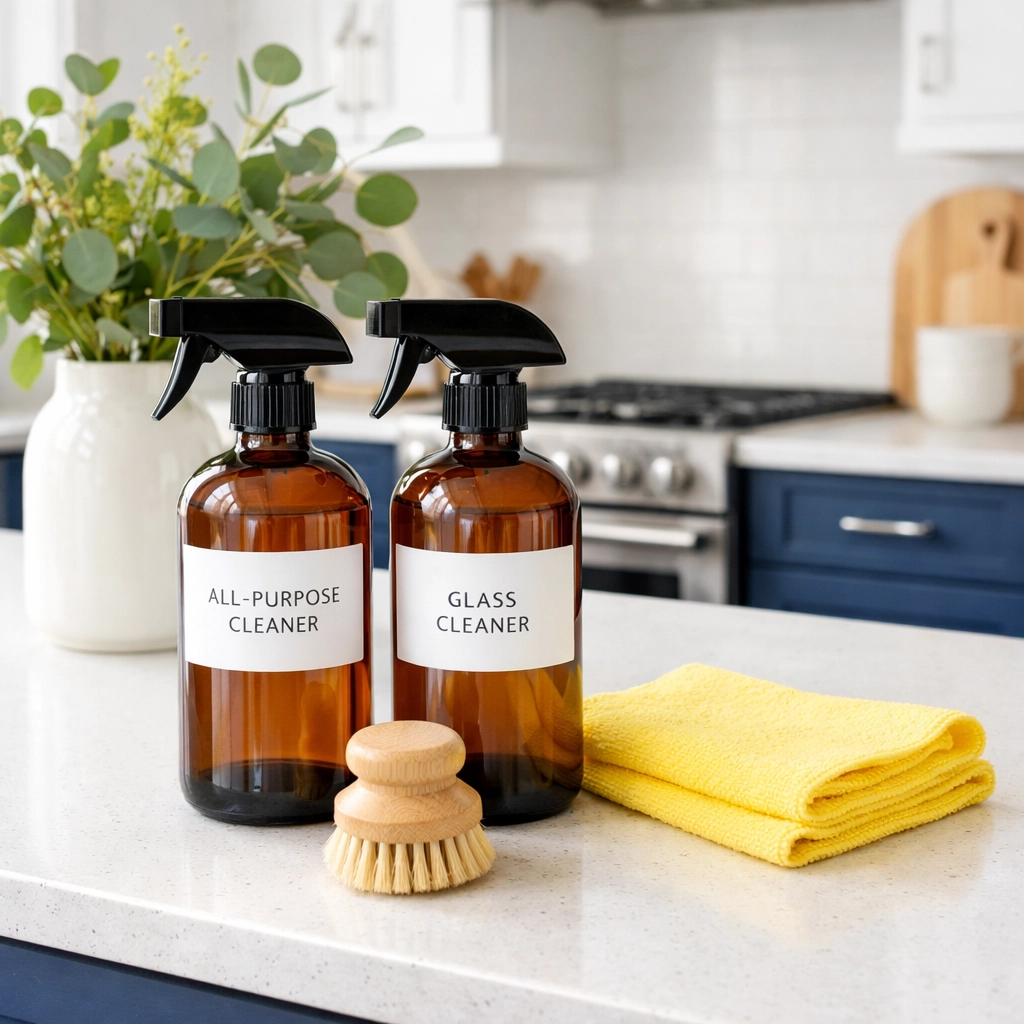 Non-toxic eco-friendly cleaning supplies on a modern North Andover kitchen counter.