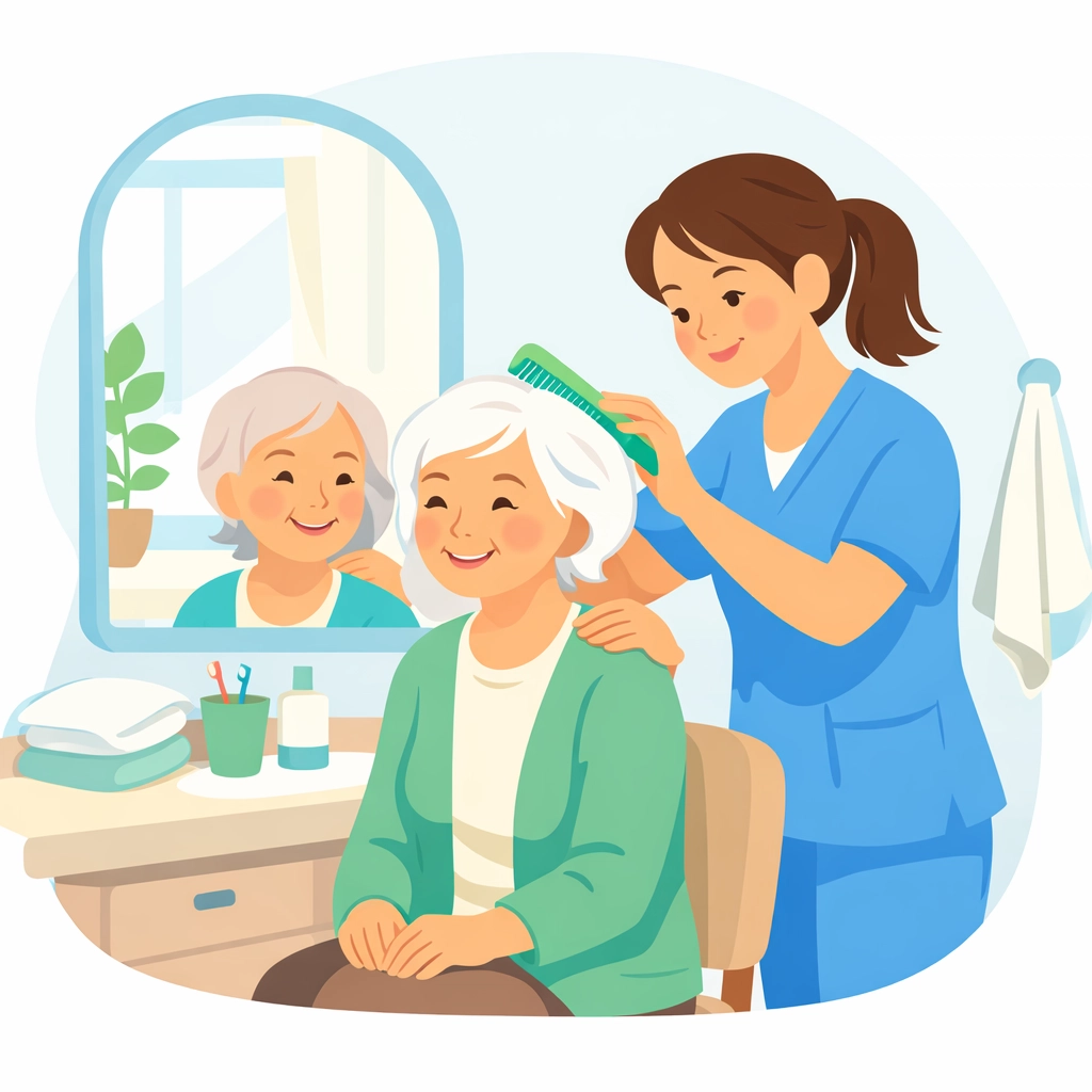 Professional caregiver assisting senior woman with personal care services at home in Dallas