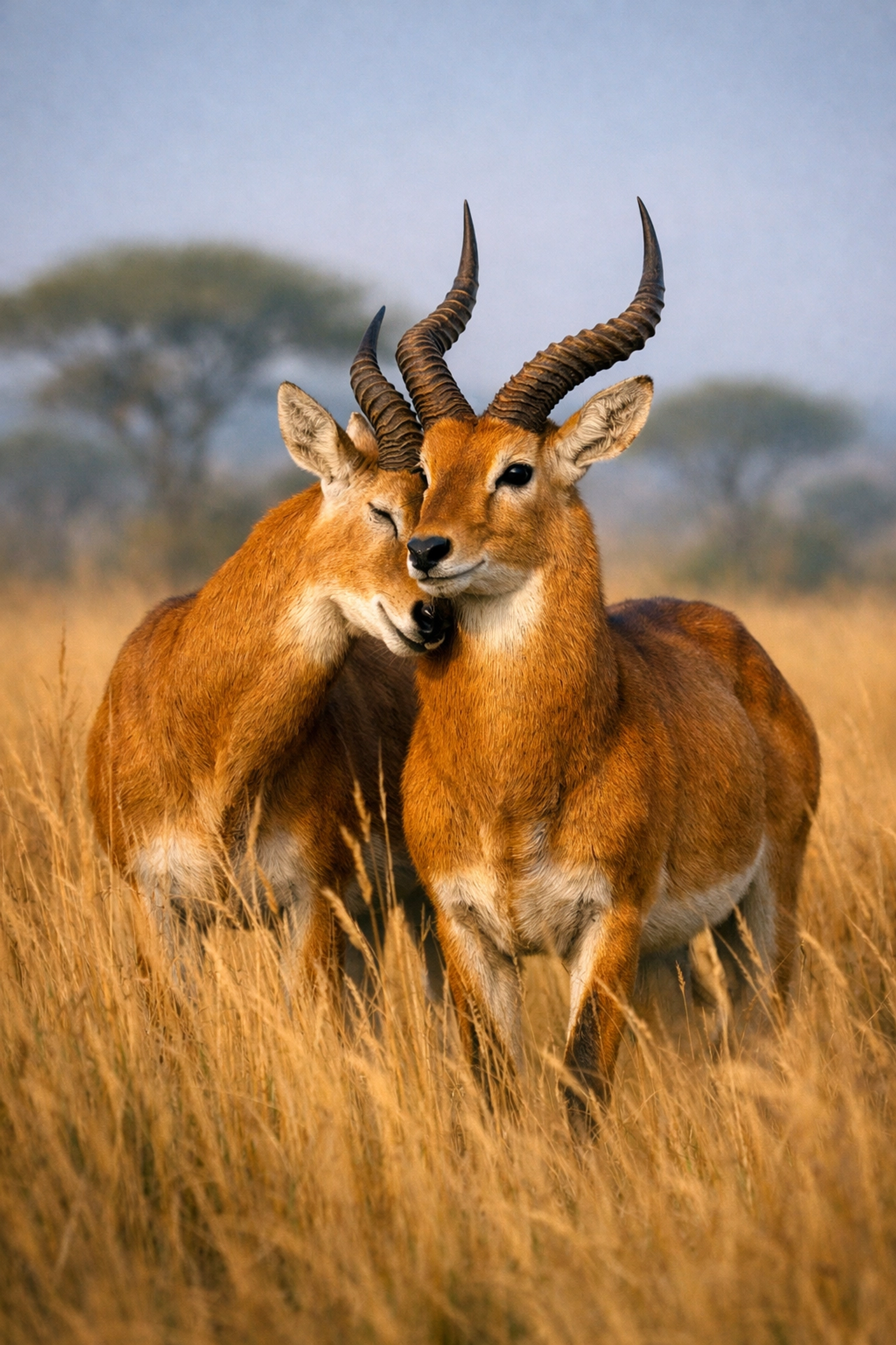 Two male antelopes sharing an affectionate moment in the savannah, showing natural same-sex pairing.