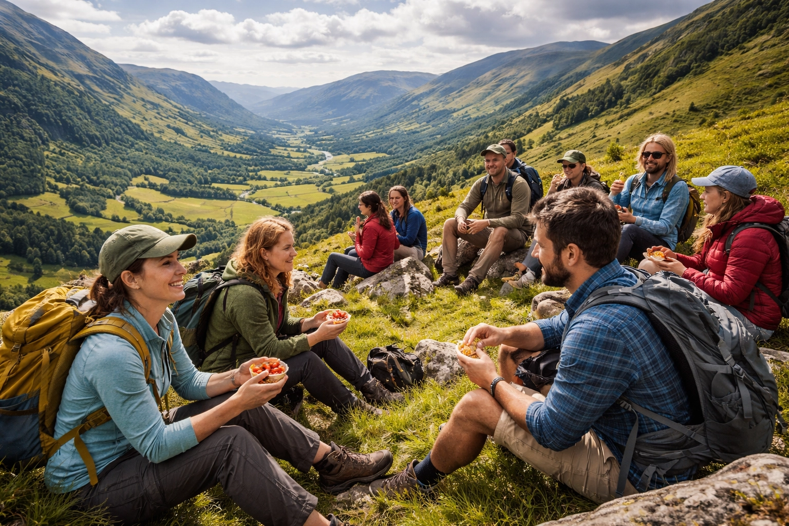 Hiking group enjoys a scenic lunch break on a green British hillside during a guided hiking tour UK.