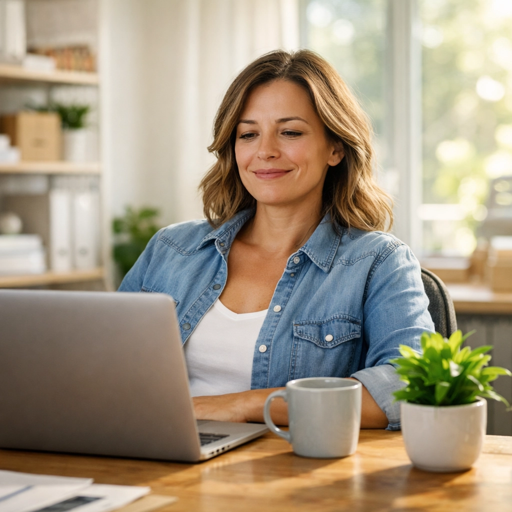 A relieved business owner smiling at a laptop after a professional QuickBooks Online cleanup.