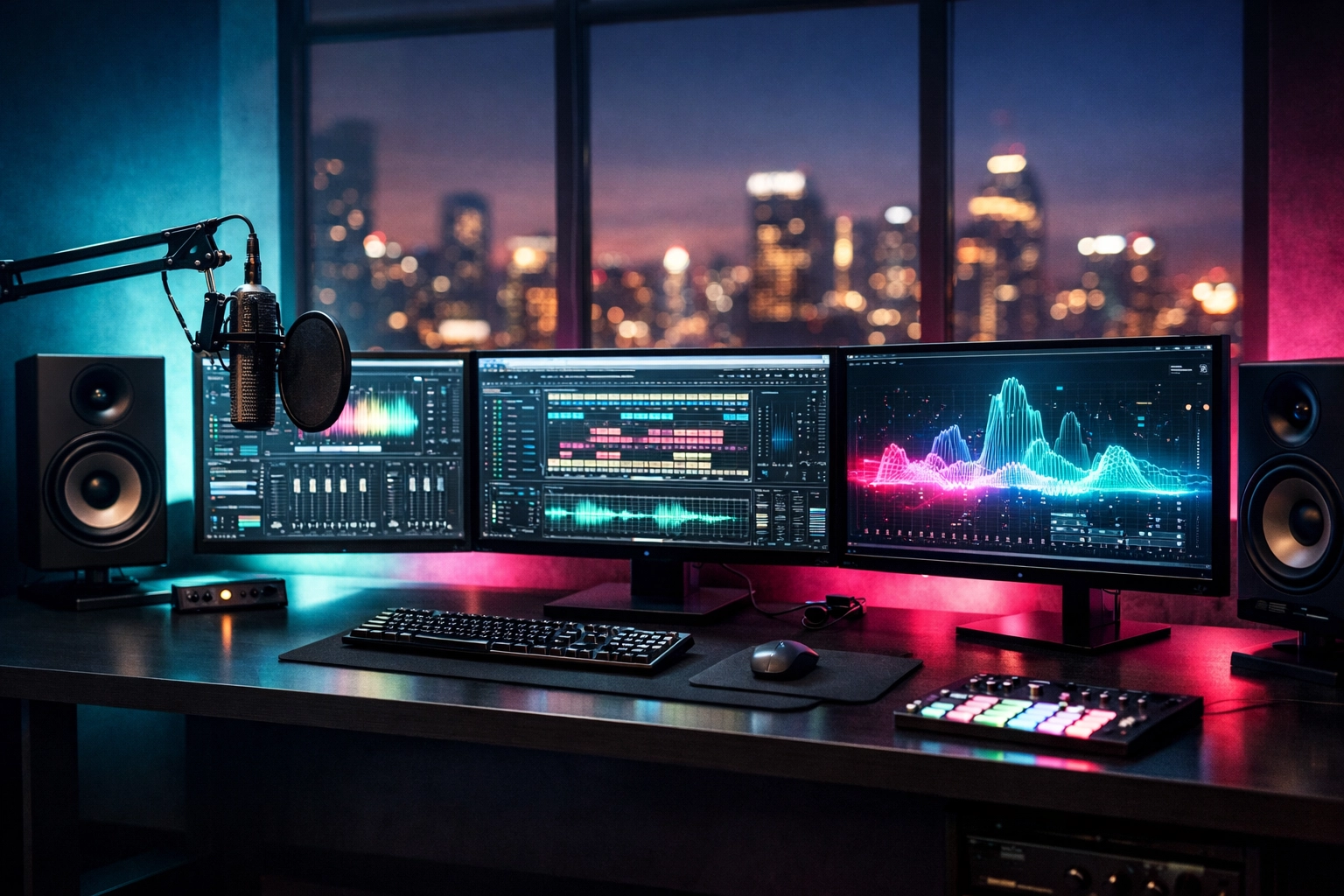 High-tech remote music strategy command center featuring multiple monitors and professional studio equipment.