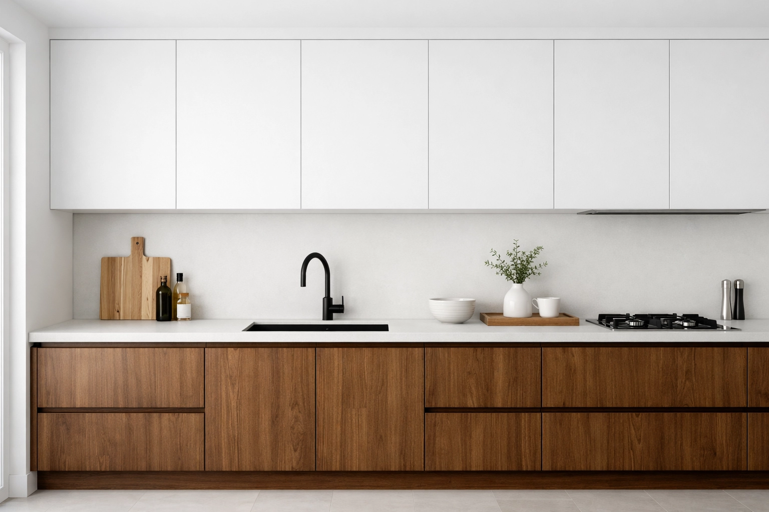 Contemporary two-tone kitchen design with white upper cabinets and warm walnut wood lower cabinets.