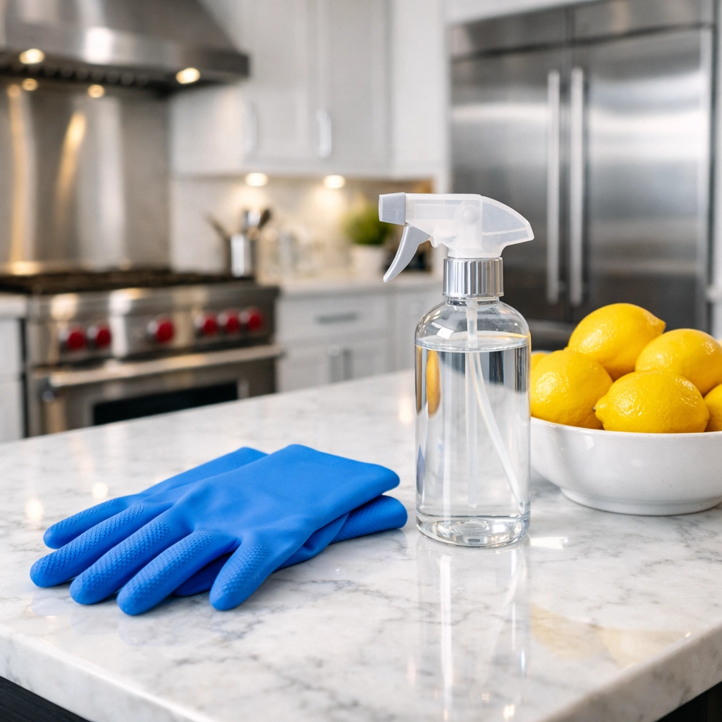 Modern Newton kitchen featuring luxury house cleaning MA standards with sparkling marble countertops.