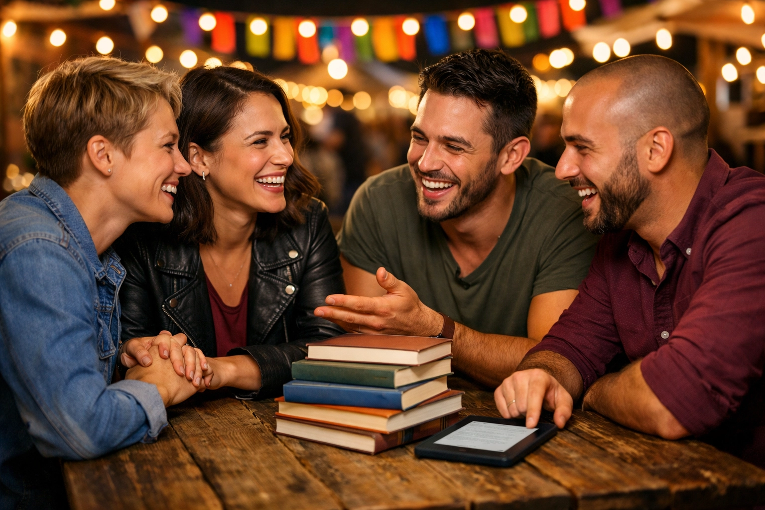 Diverse LGBTQ+ friends sharing books and e-readers at a table, highlighting the found family community in gay fiction.