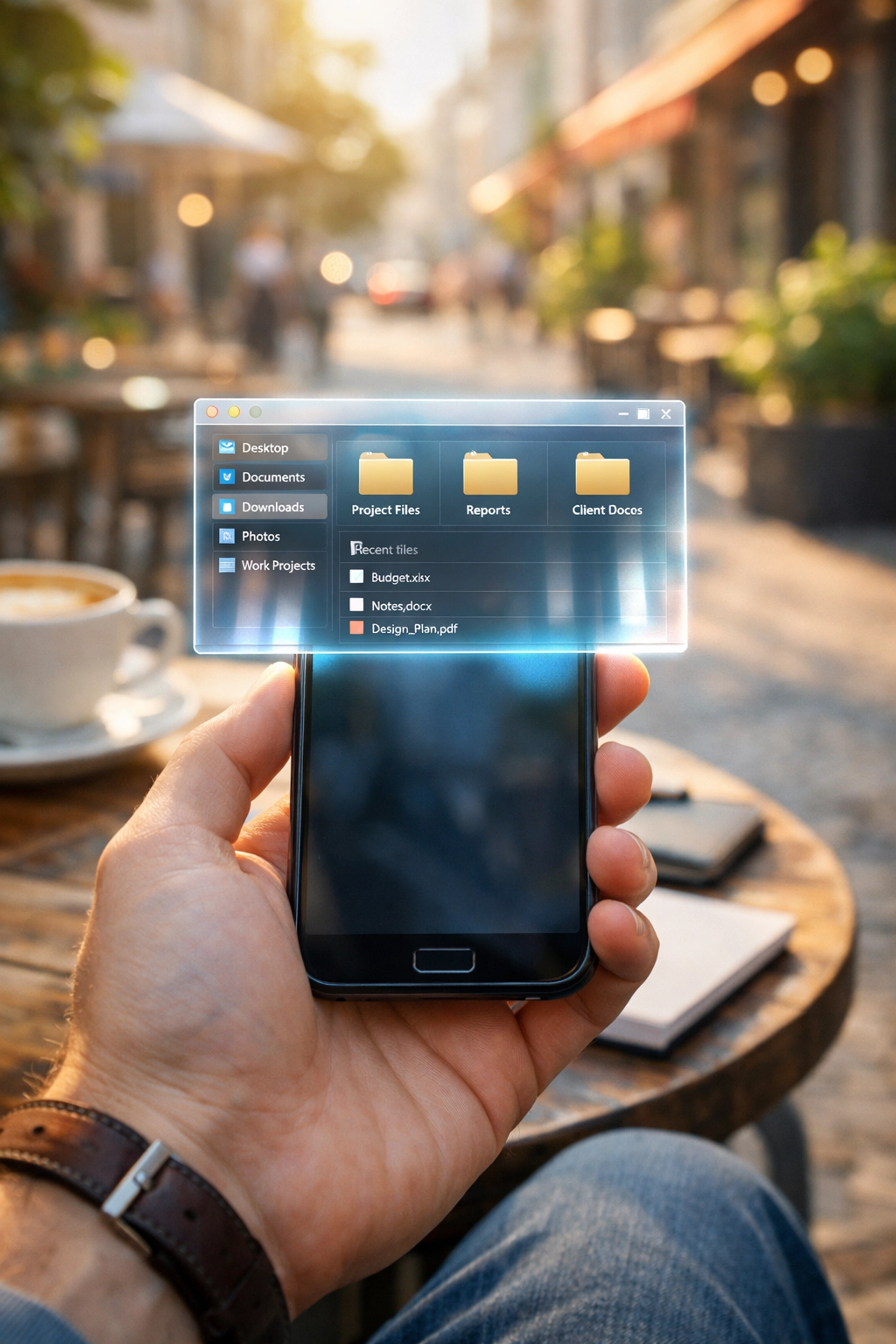 AI SIGNAL : Putting AI to Work 1 Smartphone screen showing remote computer control at a café for AI productivity.