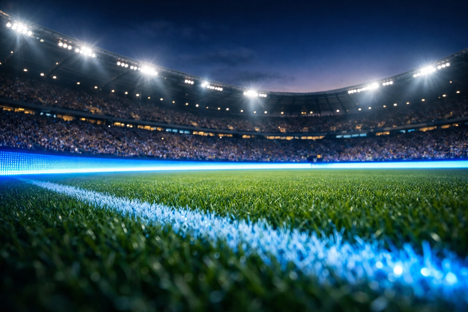 Modern sports stadium at night featuring glowing LED perimeter boards for digital out-of-home advertising.