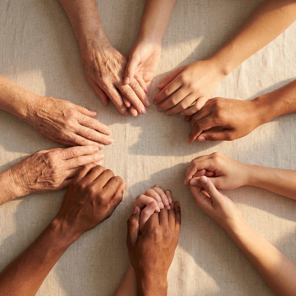 Diverse hands joining in a supportive circle, representing community and local domestic violence help