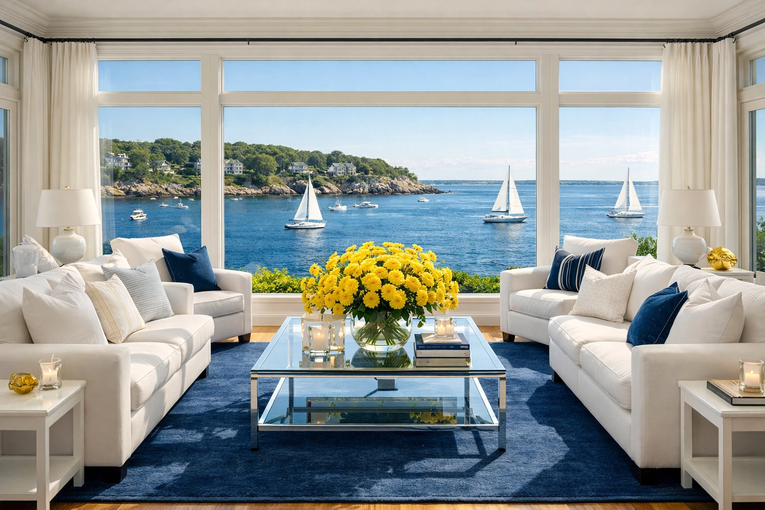 Pristine luxury living room overlooking Marblehead Harbor after professional estate cleaning services.