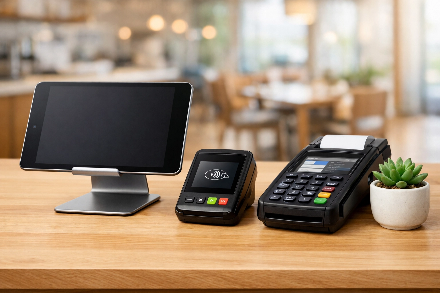 A variety of modern restaurant POS system hardware including a tablet, card reader, and terminal.