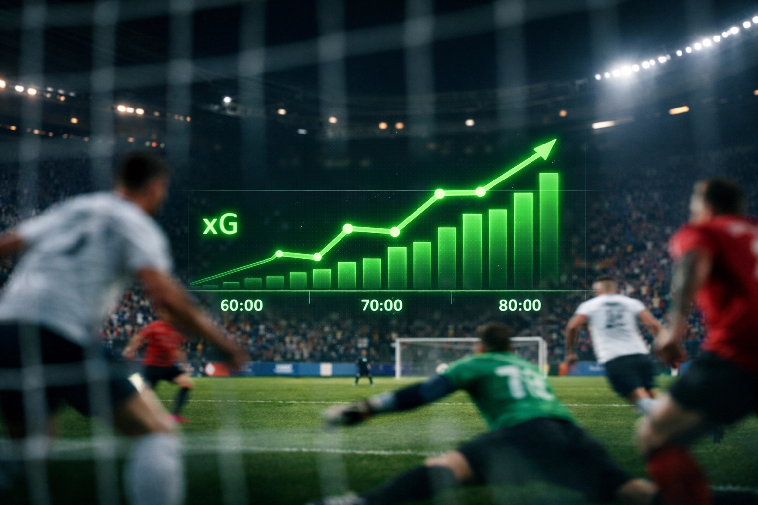 Second half attacking play with live xG trends graph showing momentum shift between 60-80 minutes
