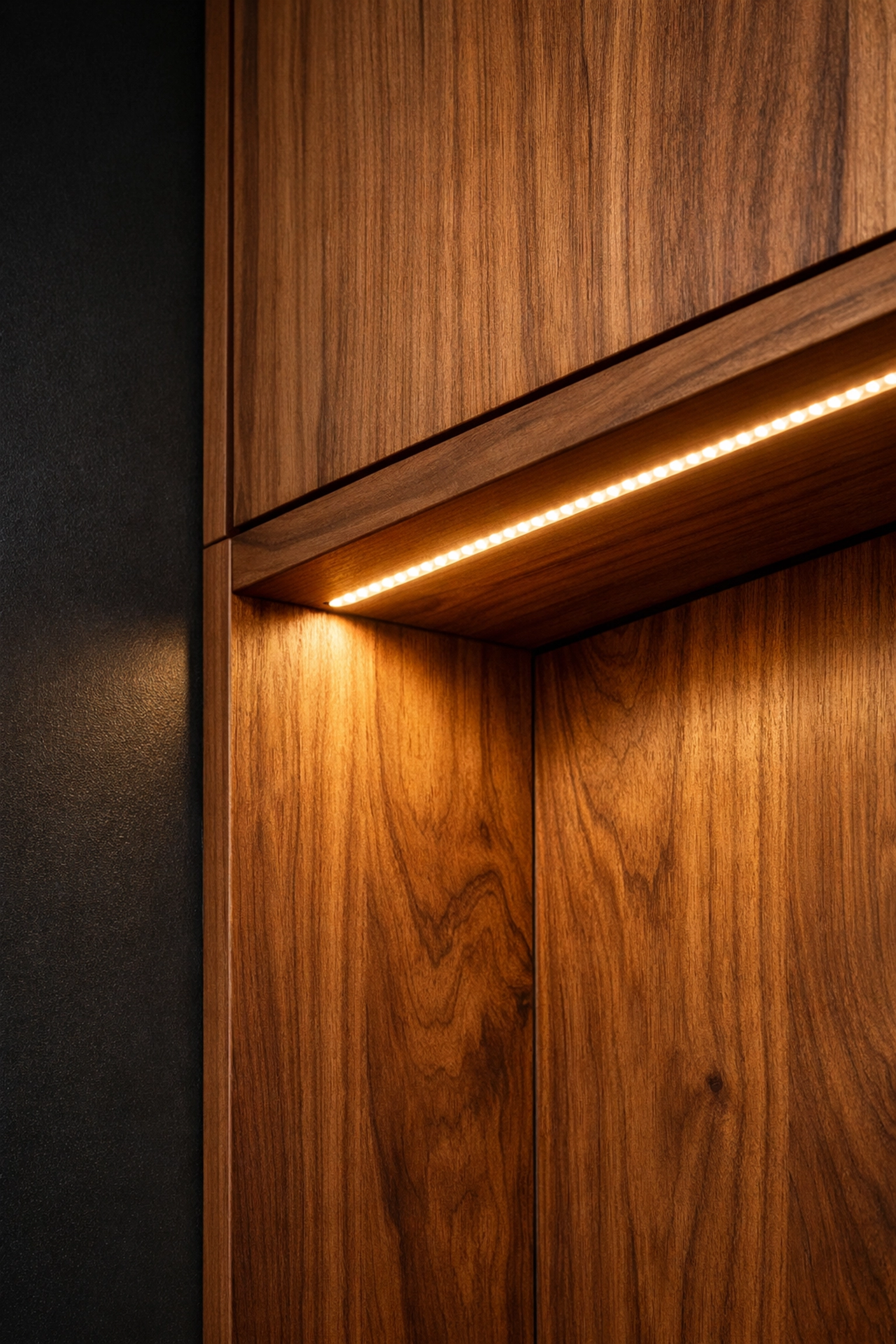 Warm 3000K LED under-cabinet lighting accentuating natural wood grain on walnut kitchen cabinets.