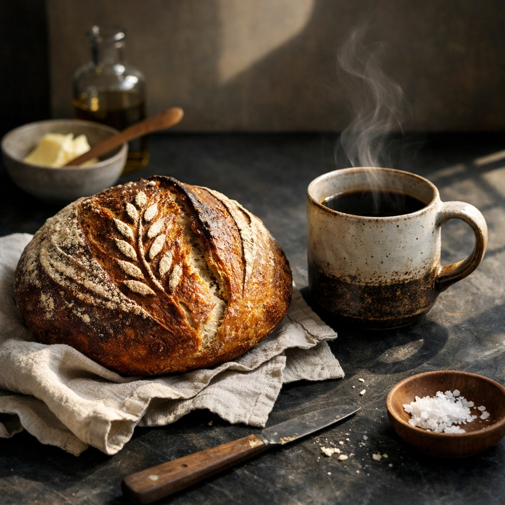 Freshly baked artisanal sourdough bread next to a cup of specialty coffee in a warm morning setting.