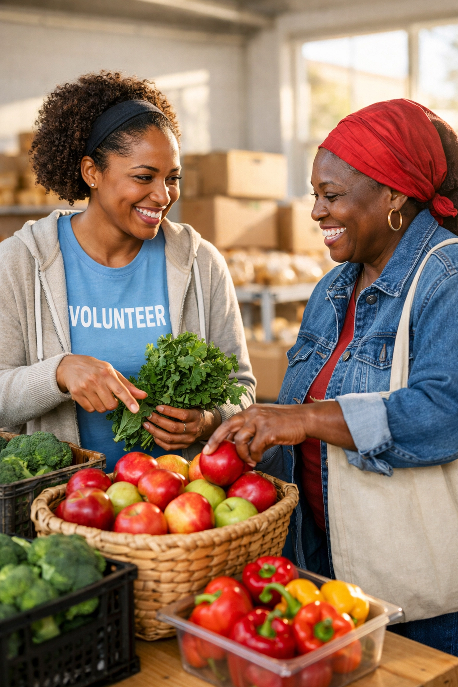 A volunteer helps a woman select fresh produce at a New Jersey food pantry for family assistance.