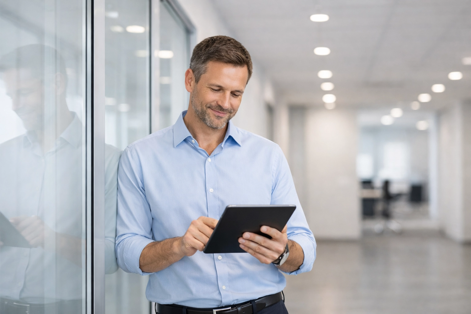 Confident professional using a tablet in a modern office to manage business growth and operations.