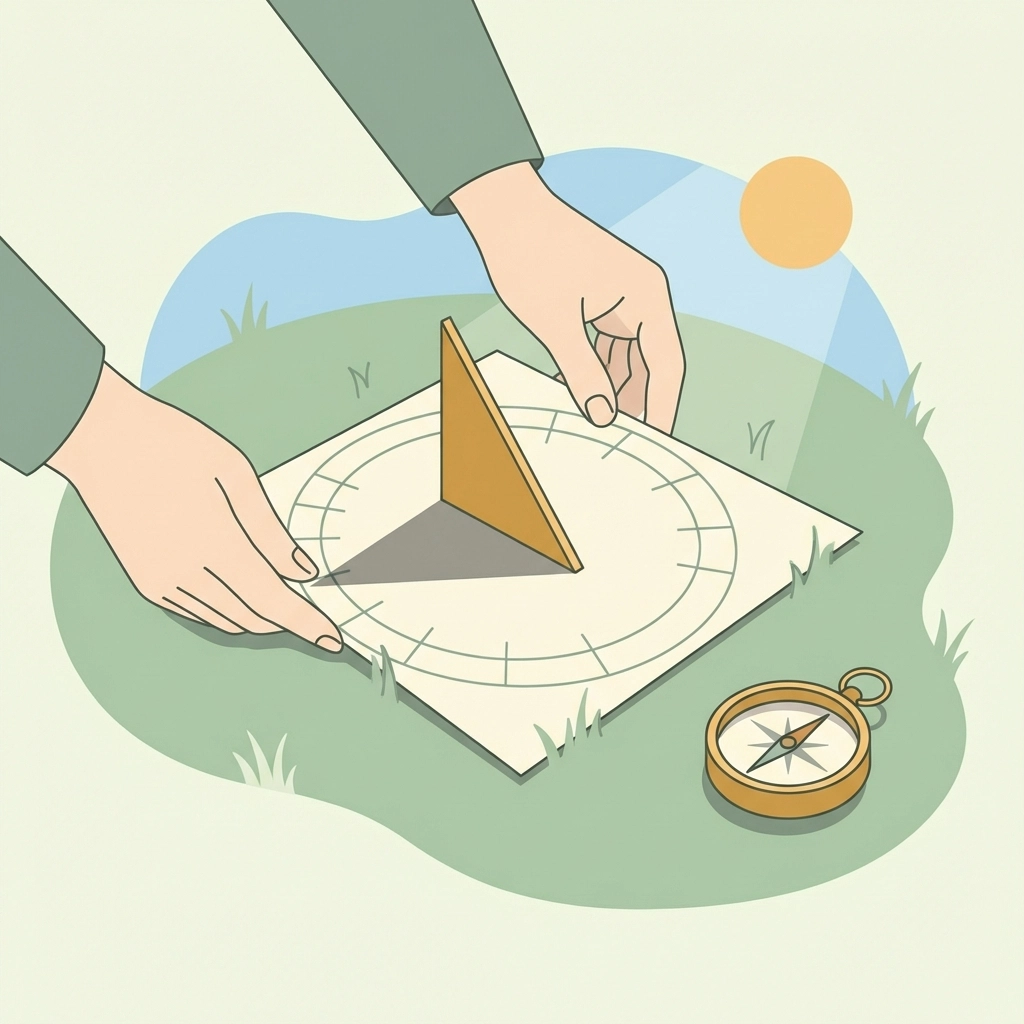 Hands setting a finished paper sundial in a sunny garden, with a compass nearby and clear gnomon shadow visible