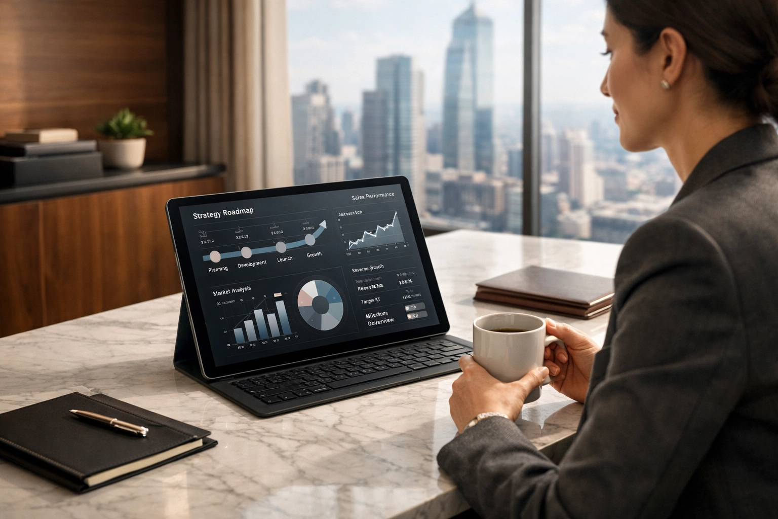 Executive analyzing data for global digital transformation and enterprise software solutions.