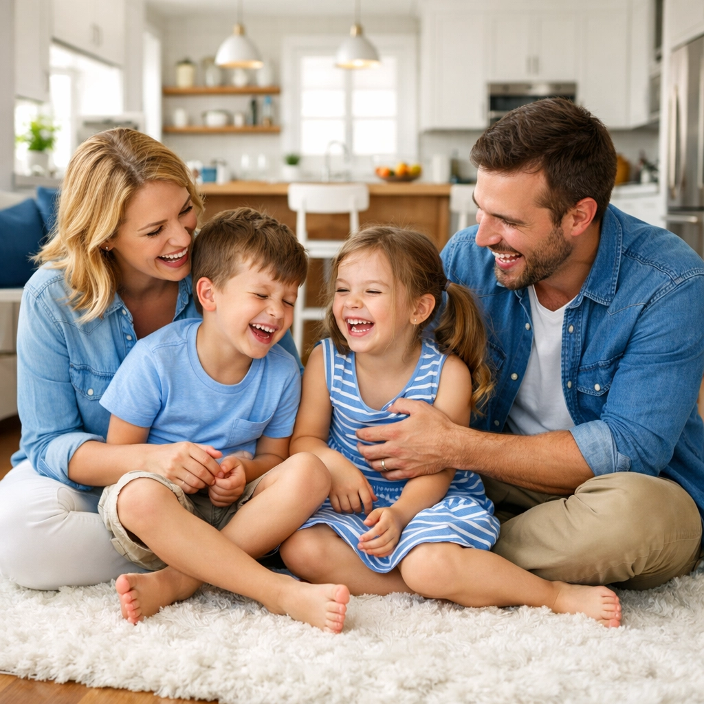 Happy family relaxing in a spotless living room thanks to a recurring bi-weekly cleaning Concord service.