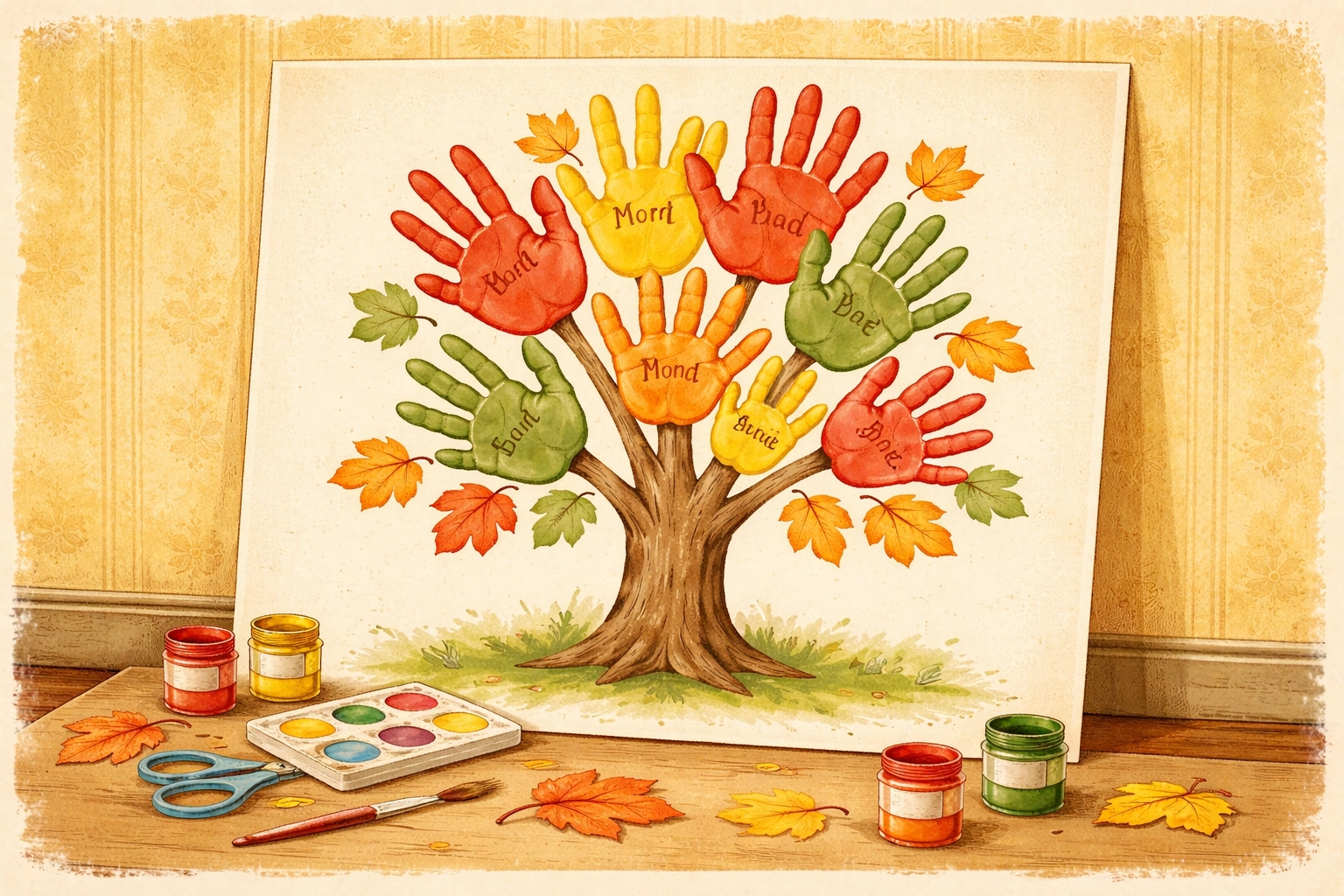 Finished handprint family tree craft, featuring layered colorful handprints as leaves on a brown tree trunk