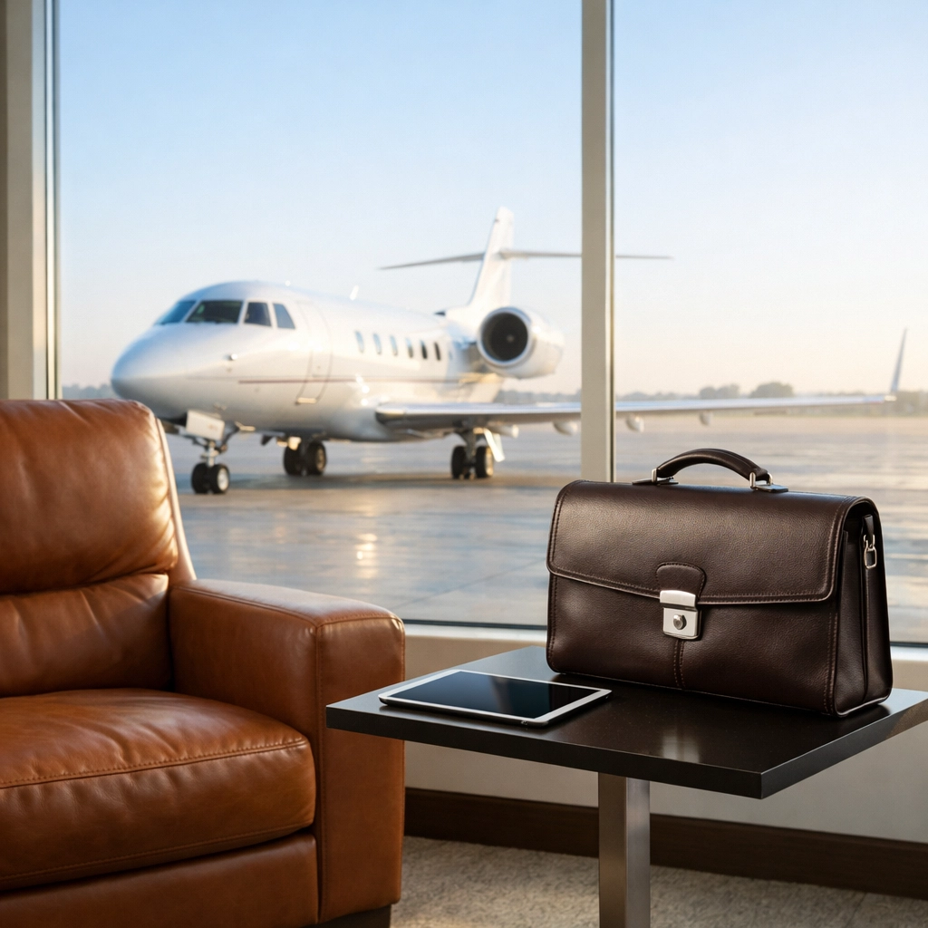 A calm, luxury private airport lounge awaiting executives for a seamless post-game departure.