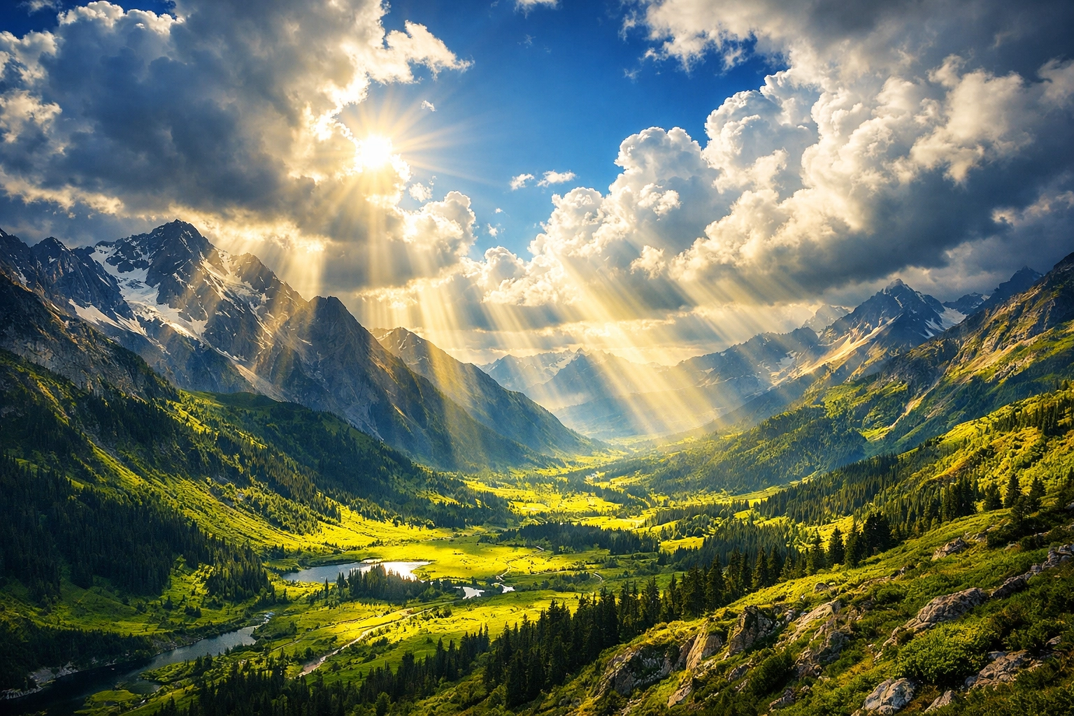 Sunbeams breaking through clouds over a mountain valley, representing hope and divine breakthrough in prayer.