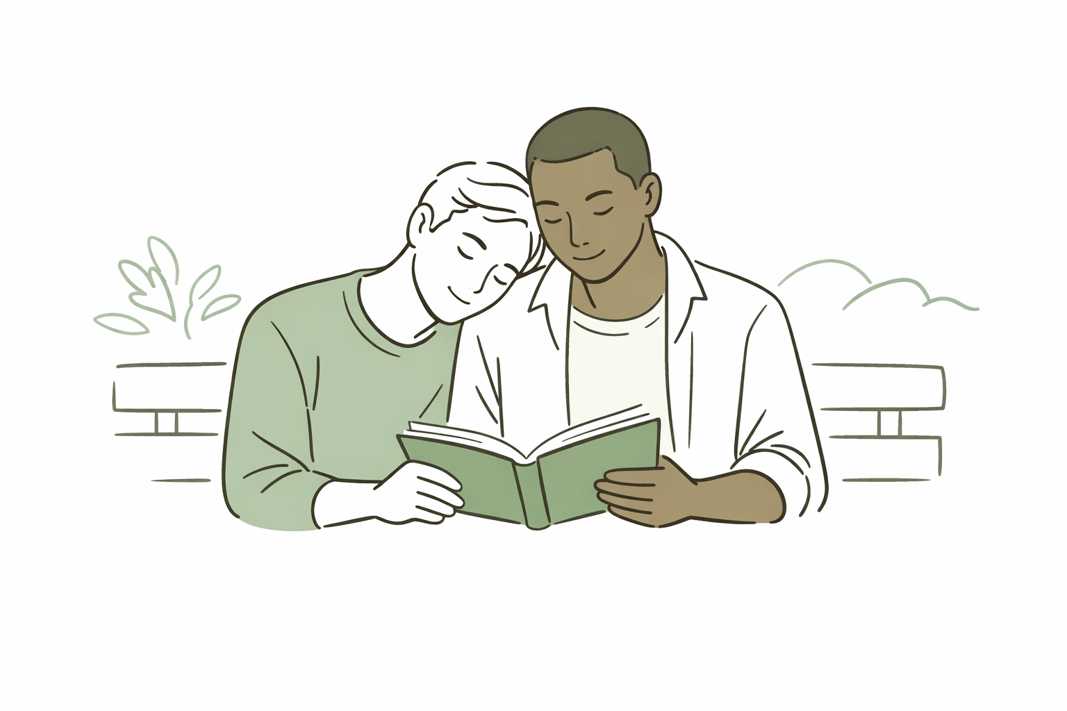 Minimalist illustration of a diverse MM couple reading together, showing emotional intimacy on the asexual spectrum.