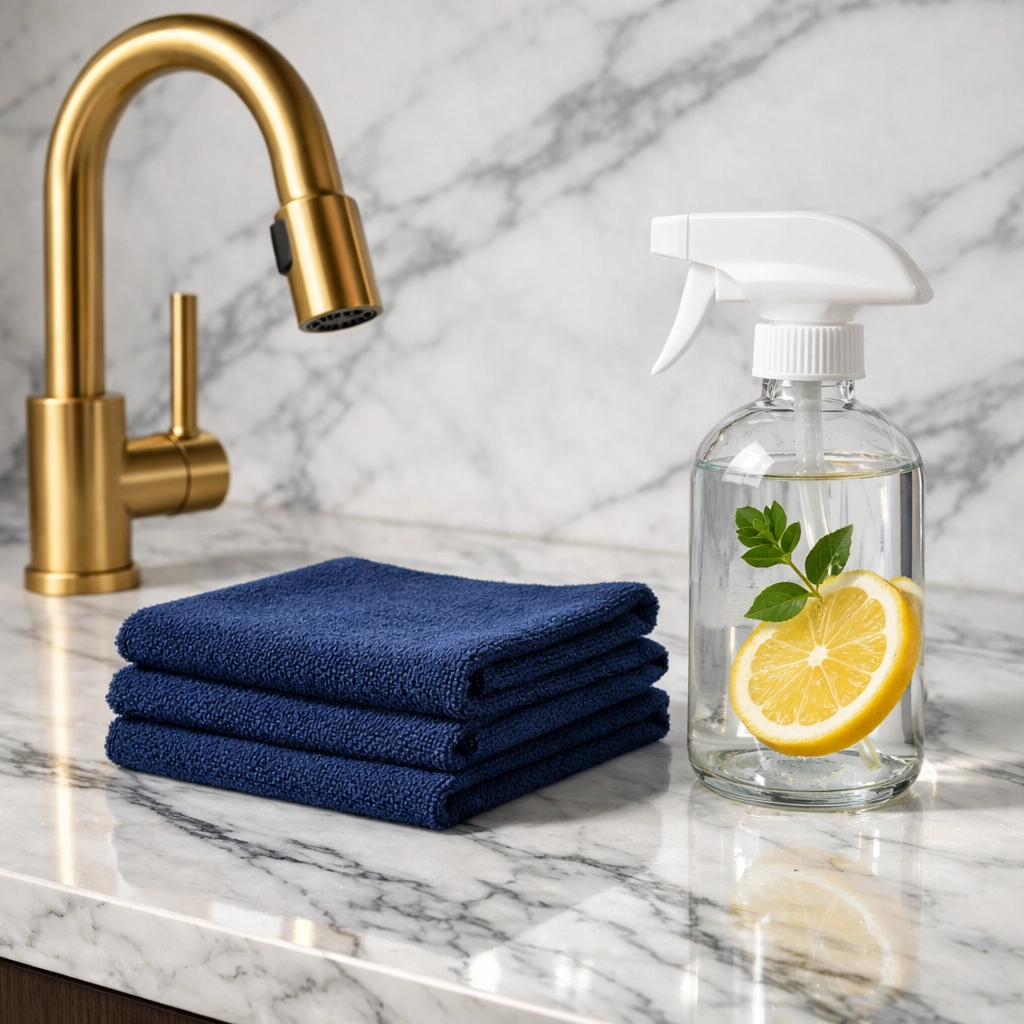 Eco-friendly cleaning supplies on a luxury marble countertop in a Wayland home kitchen.