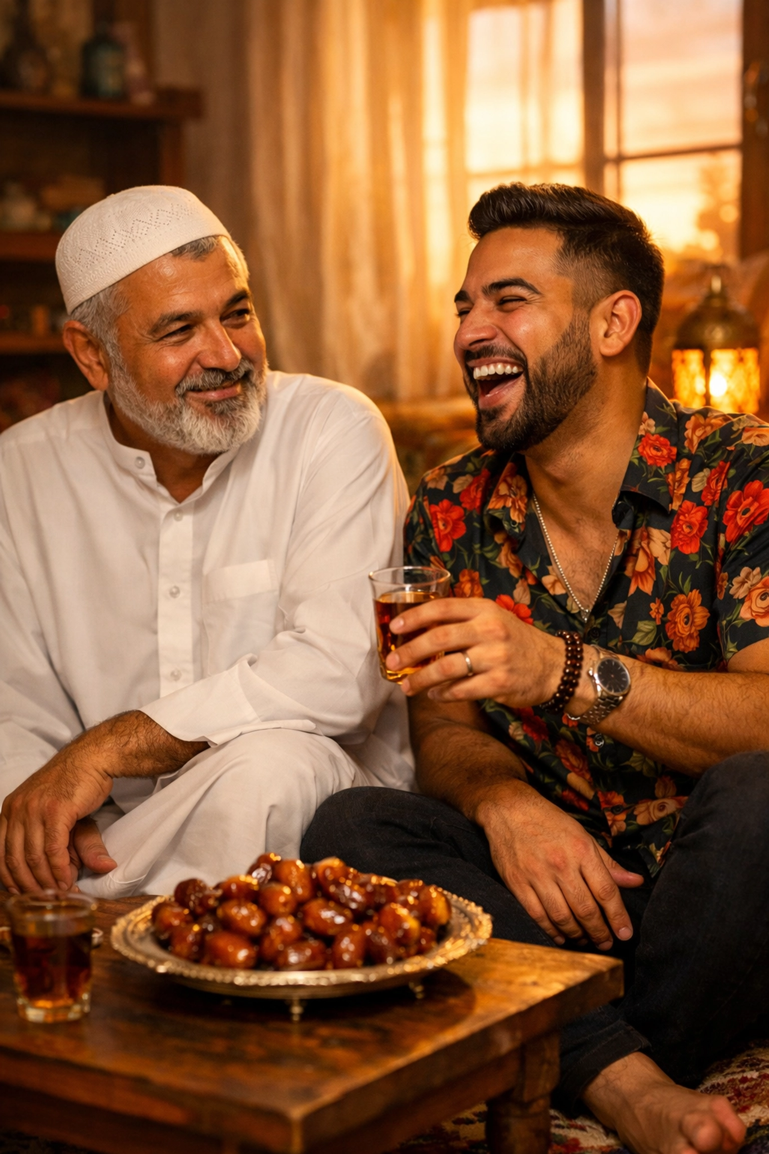 Two gay Muslim men from different generations sharing tea and dates at a community Iftar.