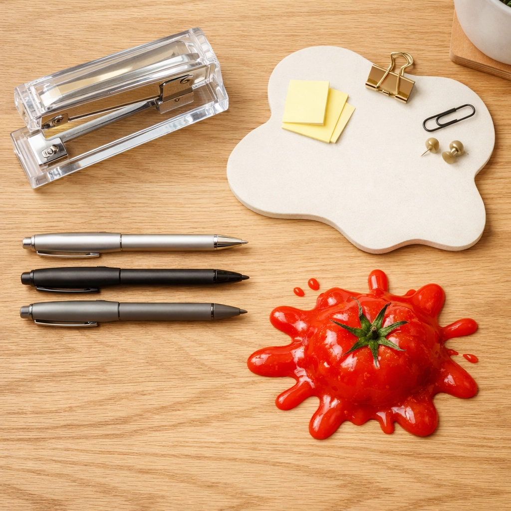 Professional desk accessories including a transparent stapler, custom shape memo board, and red splat tomato toy.