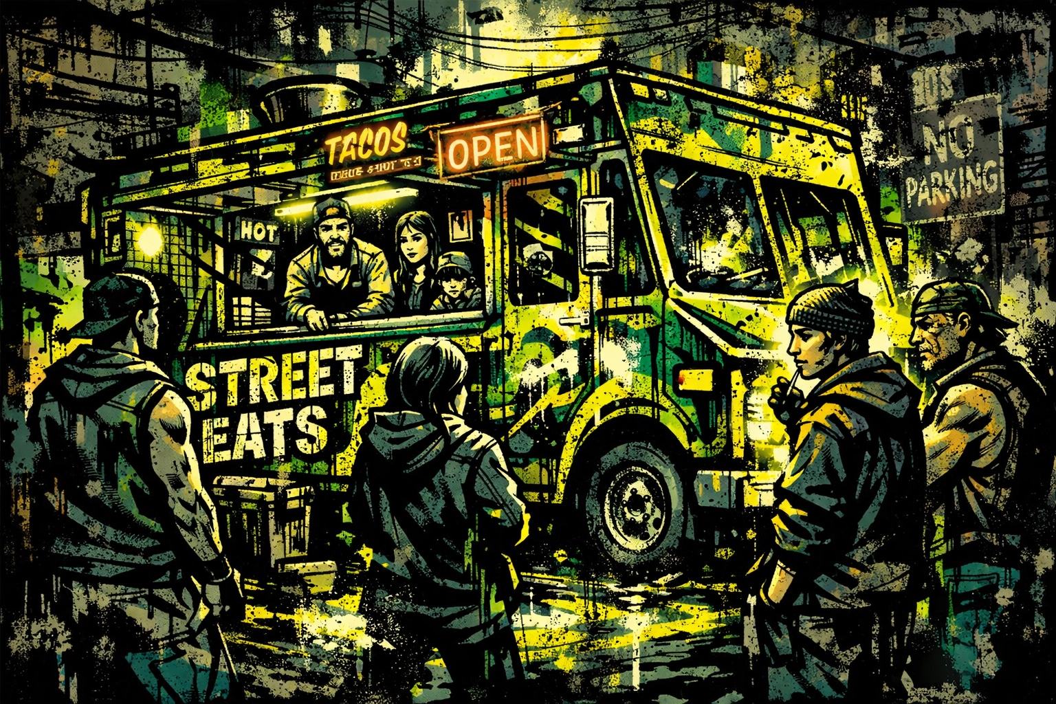 Vibrant family-owned food truck in an urban setting, a symbol of Latin American immigrant entrepreneurship.