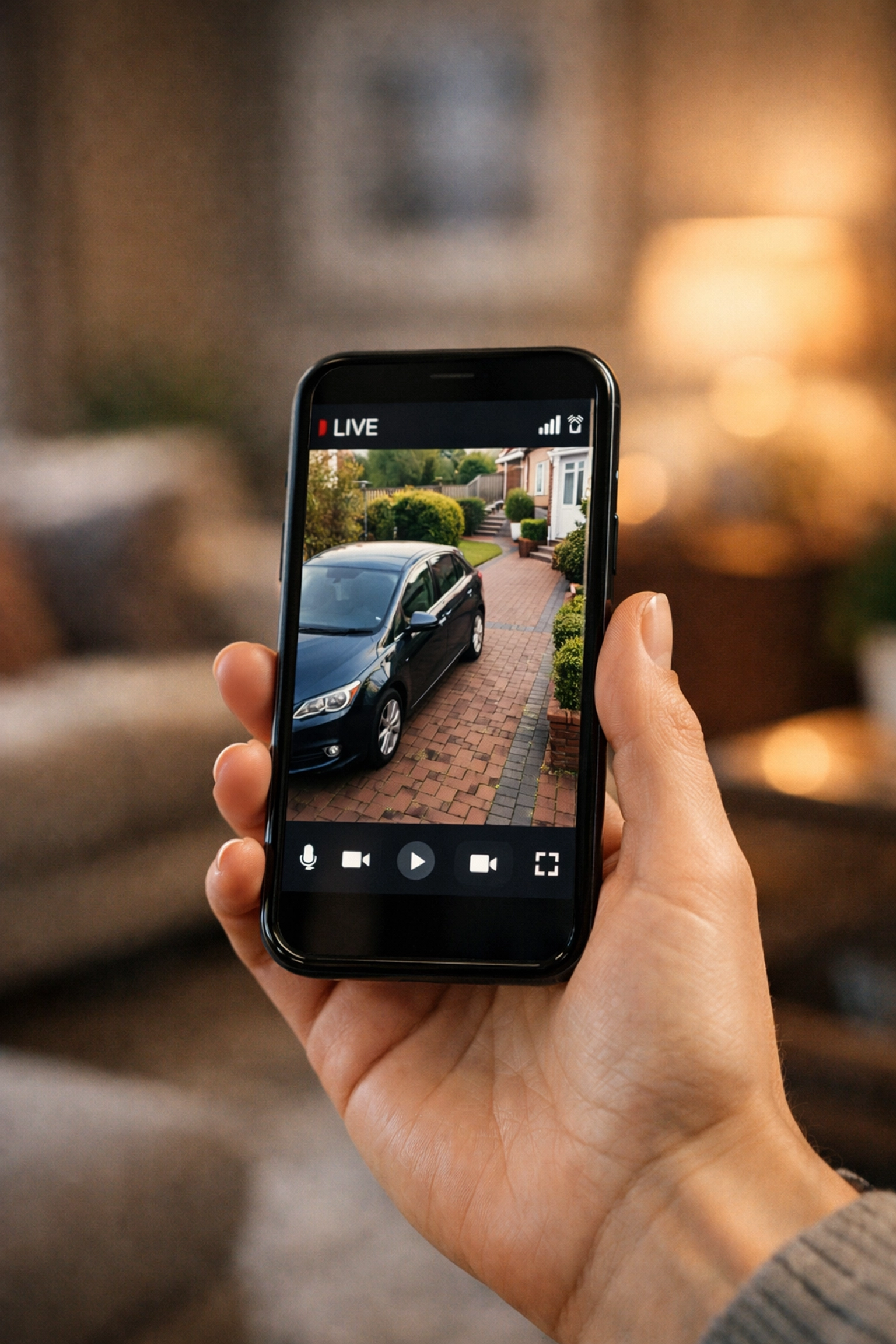 Smartphone app showing a live CCTV feed of a home driveway, controlled via a smart security system.