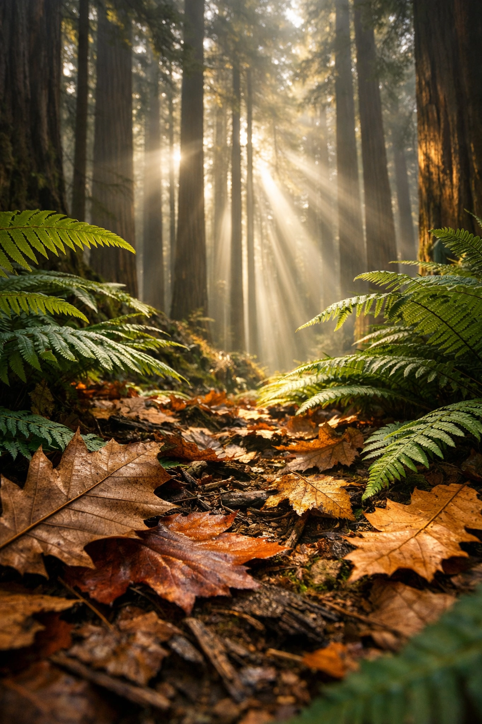 Ground-level landscape photography showing a low perspective of ferns and sunbeams through redwood trees.