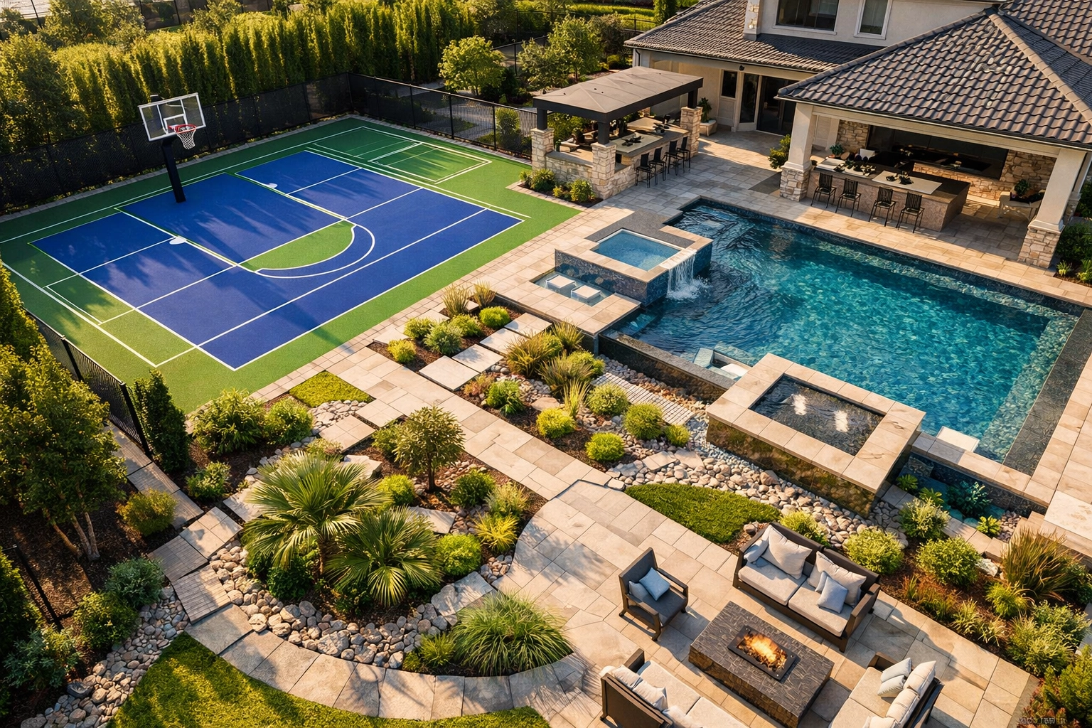 Luxury Katy residential sports facility design featuring a multi-sport court and integrated backyard drainage.