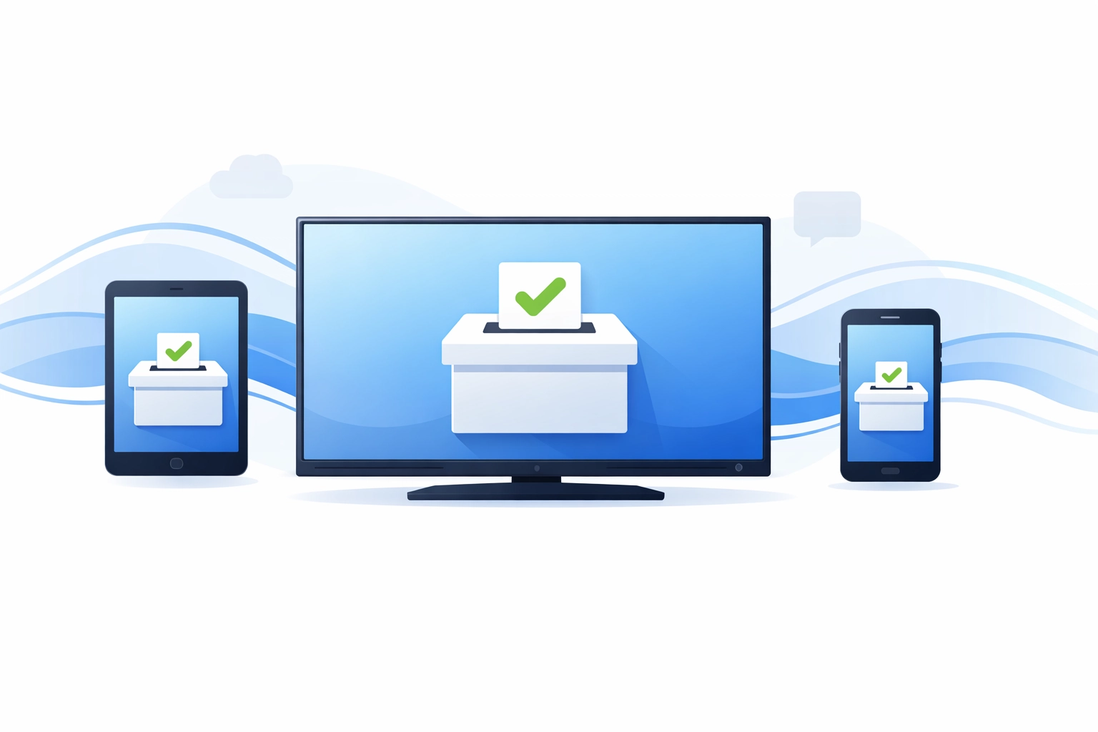 Multi-screen display showing consistent political messaging across CTV, tablet, and smartphone devices.