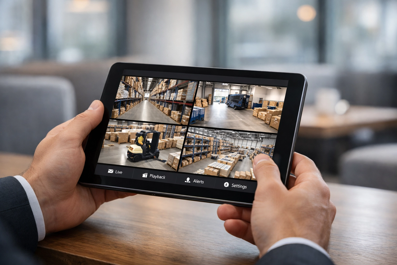 Remote monitoring of warehouse security via a tablet app for Cirencester business owners.