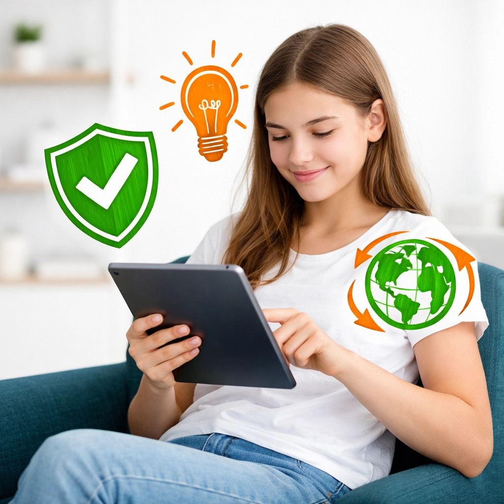 A teenage girl using a tablet safely, representing faith-based digital wisdom and safety.