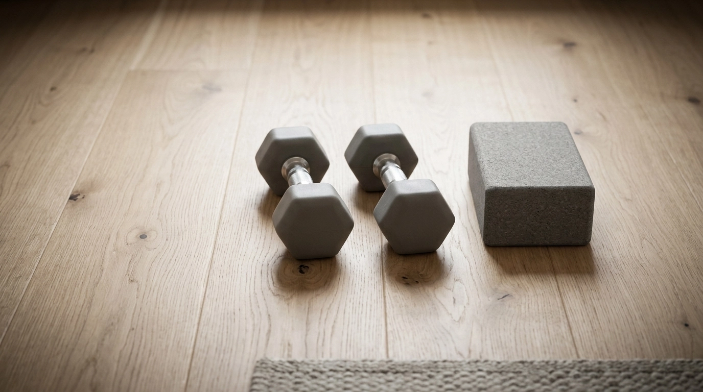 Minimalist home workout setup with dumbbells and yoga mat on wood floor