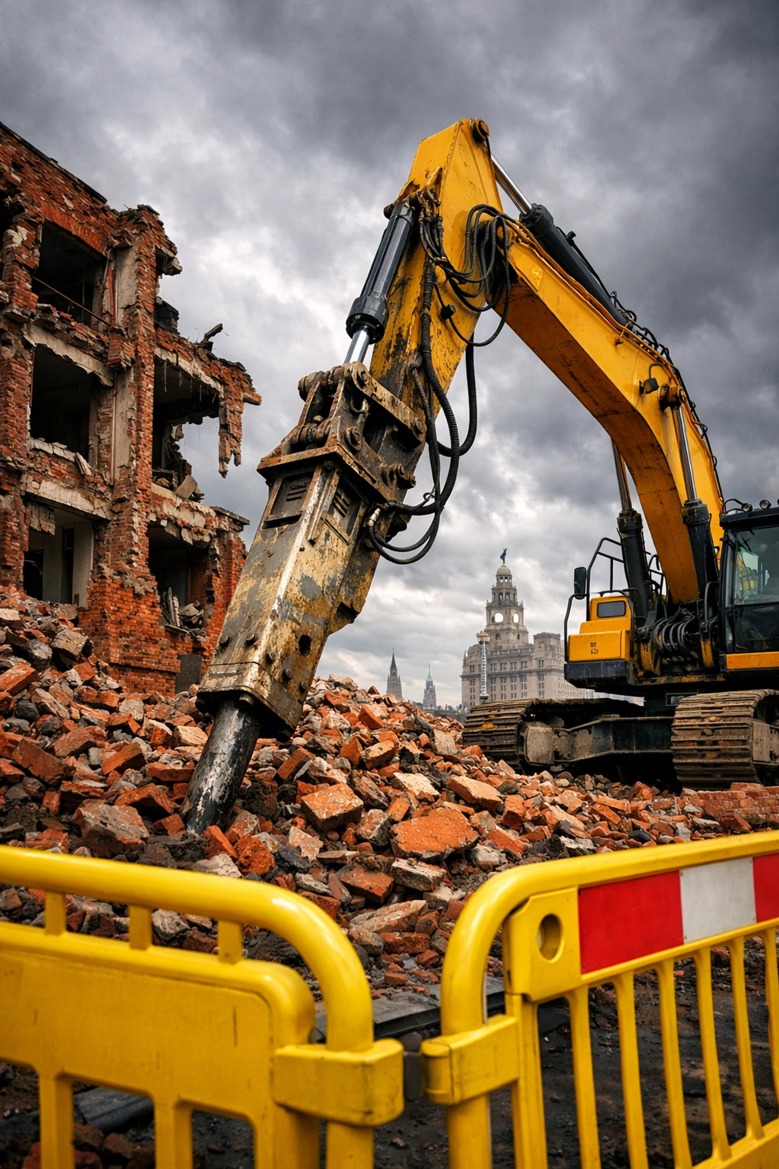 Demolition excavator with hydraulic breaker demolishing brick building in Liverpool