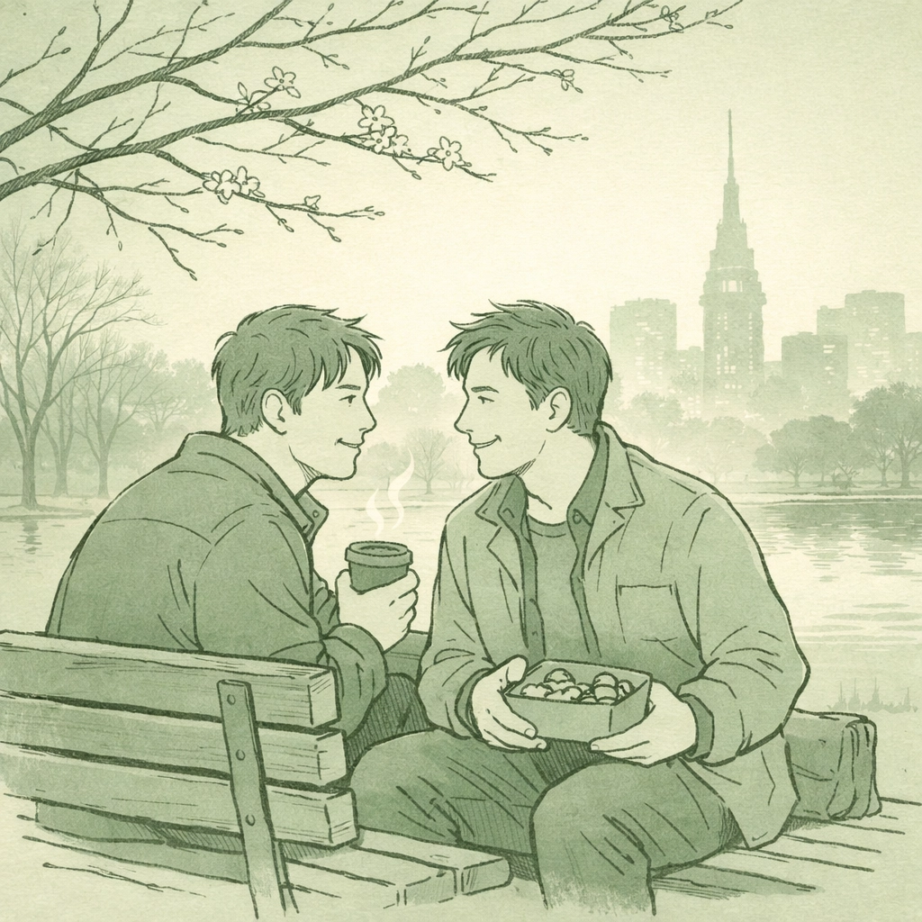 Two men sharing Valentine's morning in Yoyogi Park Tokyo - MM romance gay love story