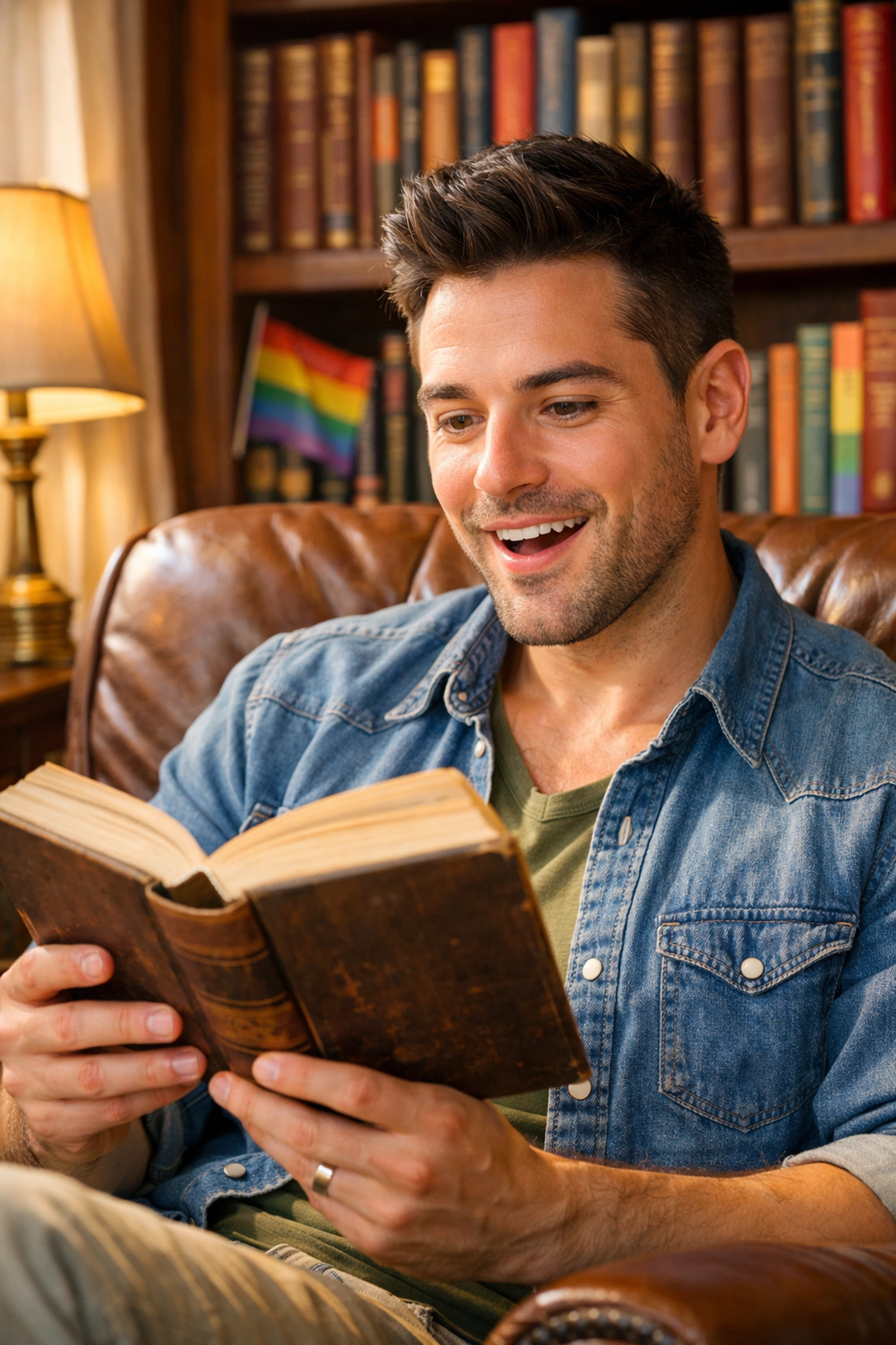 A man reading a gay historical romance novel in a cozy home library with a subtle pride flag.