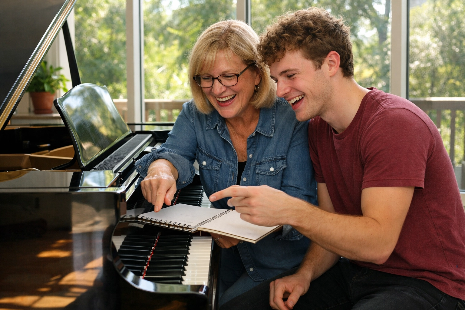 Instructor and student laughing while composing at a grand piano in our sunlit Tallahassee music studio.
