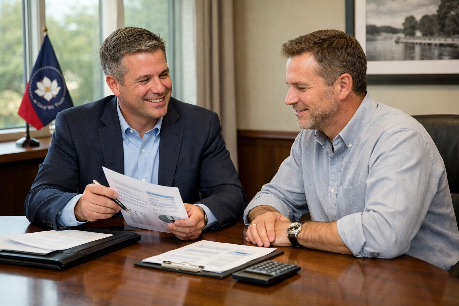 Mississippi business owner meeting with broker to discuss SBA loan requirements for business sale