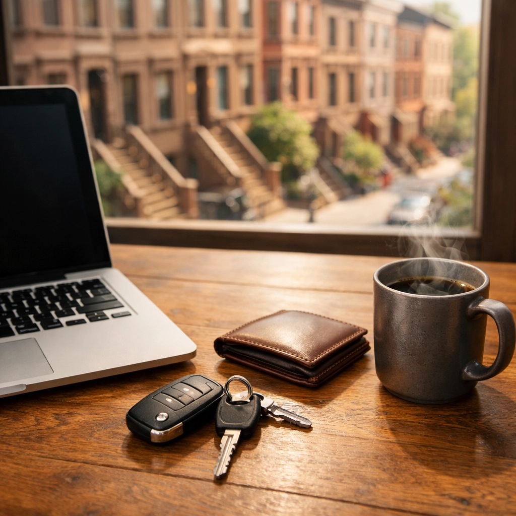 Planning a budget for used cars in Brooklyn with car keys and a laptop overlooking brownstones.