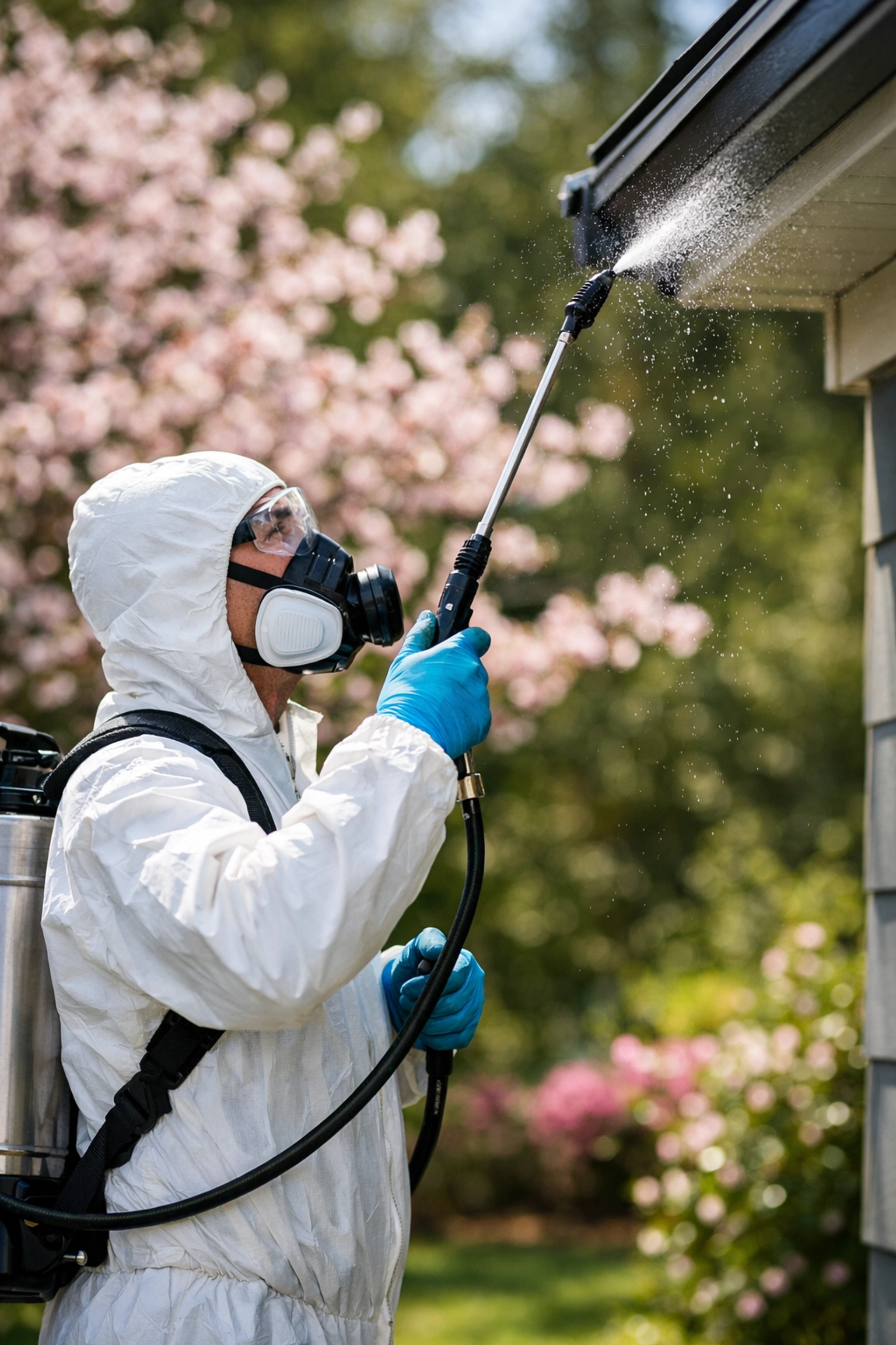 Professional pest control technician applying preventative spring spray to home fascia.