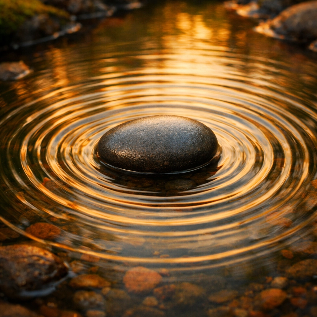 Concentric ripples around a stone representing the emotional orbit and healing patterns of The Chiron Effect.