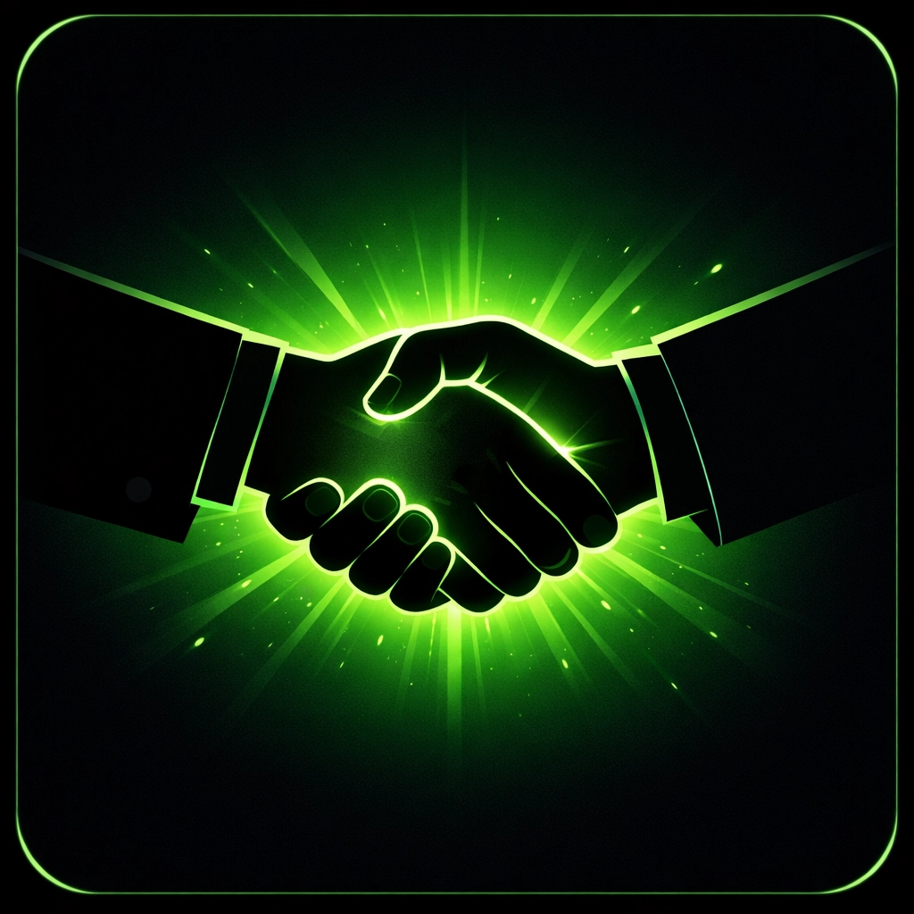 Professional handshake with green glow representing integrity in the Amerishop business mission.