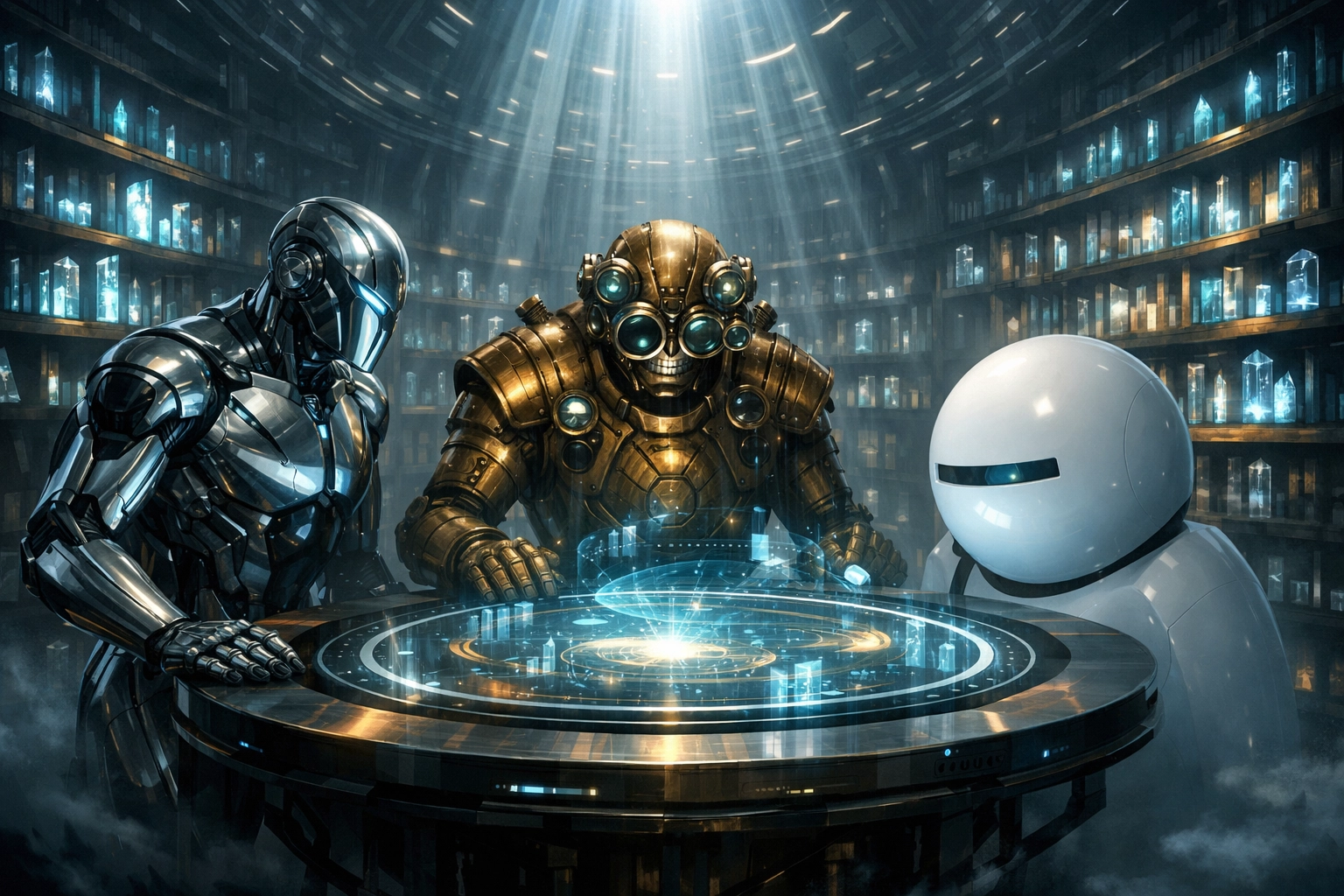 Specialized AI agents and bots collaborating in a futuristic library to synthesize complex data.